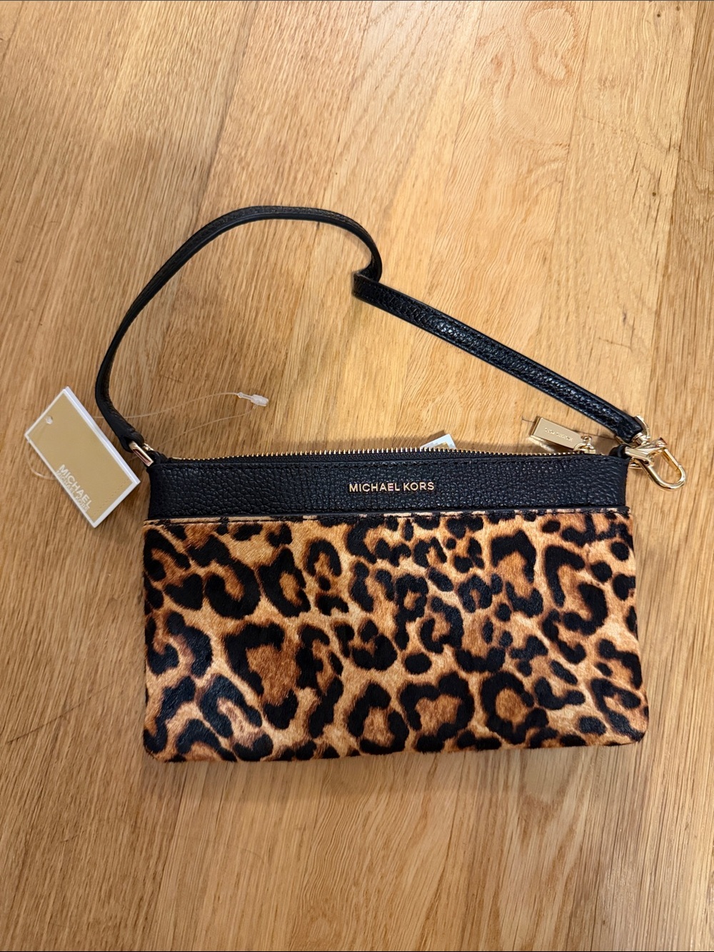Michael Kors Leopard Print Wristlet Clutch in Black and Brown